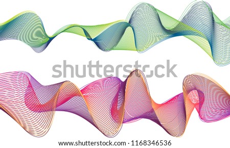 A pair of double-layered ribbon waves with the top ribbon in a smoky wave of blue and green lines and the bottom ribbon in a whiplash wave of bright pinkish red, yellow and deep purple tones.