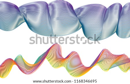 A pair of double-layered ribbon waves with the top ribbon in a creased and pinched design with purple and teal lines and the bottom ribbon in a curvy path of bright colors and moire effect.