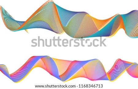 A pair of double-layered ribbon waves with the top ribbon in thick, woven lines of orange and teal and the bottom ribbon layered in bright orange, pink and purple.