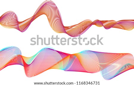 A pair of thick double-layered ribbon waves with the top ribbon in a whiplash of red and orange lines and the bottom ribbon in a lattice-patterned array of rainbow colored lines.