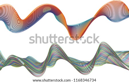 A pair of complex double-layered ribbon waves with the top ribbon demonstrating its moire effect in red, orange and blue and the bottom ribbon in multi-threaded waves of multiple colored lines.