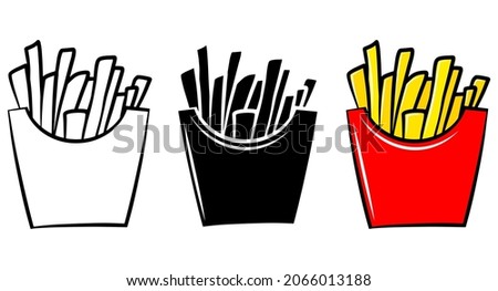 French fries isolated vector icon. Fast food cartoon outline sketch set. Package logo design element. Street unhealthy food. Tasty meal print. Simple emblem template. Graphic monochrome menu symbol.