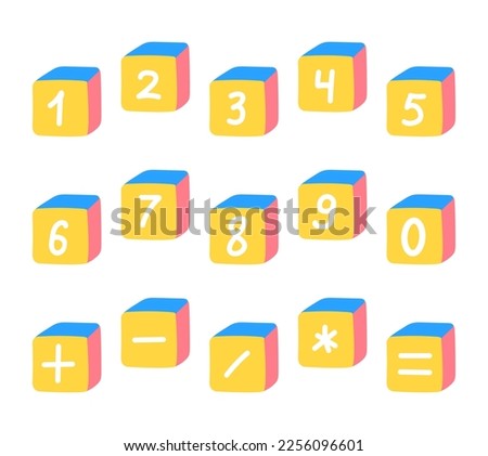 Cartoon 3D cute cube mathematics numbers for preschool kids. Vector colorful educational symbols set.