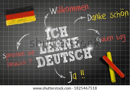 
words and draws of the deutsch theme 'Ich lerne deutsch' means I learn Deutsch on chalkboard  Stock foto © 