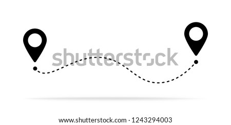 Route location icon, two pin sign and dotted line road, start and end journey symbol, black color vector illustration isolated on white background.