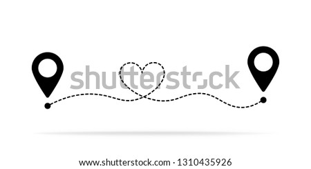 Black route to the heart with two pointers on the map. Vector illustration