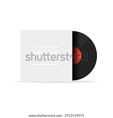 Black vinyl record with blank white cover on white background. Music concert poster for your design.