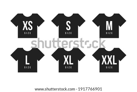 Clothing size label or tag icon in the form of t-shirts. Vector illustration. Product information or product specification. Clothes size tags set on white background.
