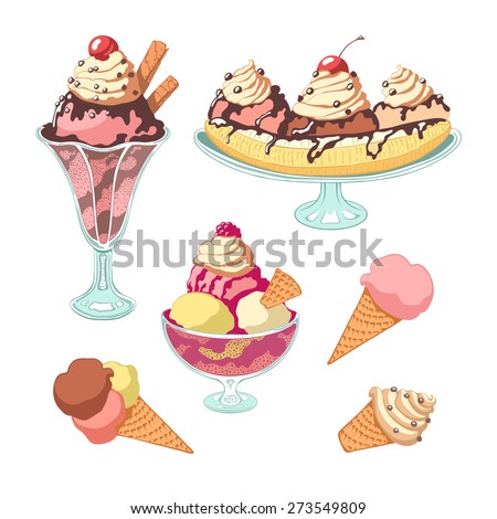 Set of colorful vintage isolated ice cream.