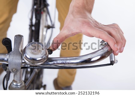 man with bicycle on white background