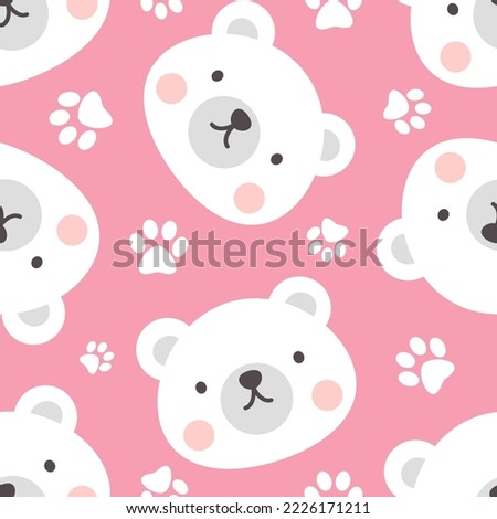 White kawaii polar bear cute face with footprints texture, kids pink woodland animals seamless pattern for wrapping paper, fabric and textile print.