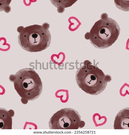 cute watercolor hand drawn teddy bear face with pink hearts on a beige background, kids seamless pattern for textile 