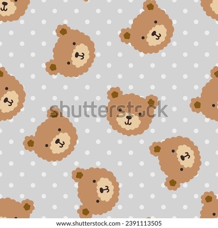 brown teddy bear cute hand drawn face on a polka dot texture, neutral grey seamless pattern background