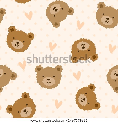 brown teddy bear cute hand drawn face with hearts and polka dot texture, pastel beige seamless pattern background