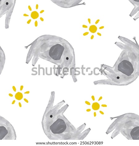 hand drawn watercolor elephant with yellow sun on a white background, kids seamless pattern for fabric and wrapping paper