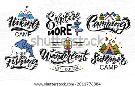 Hand sketched Сamping lettering typography. Concept for hiking camp, camping, night fishing camp, summer camp. Summer Camp logotype, badge, icon. Camping logo, banner, flyer. Vector EPS 10