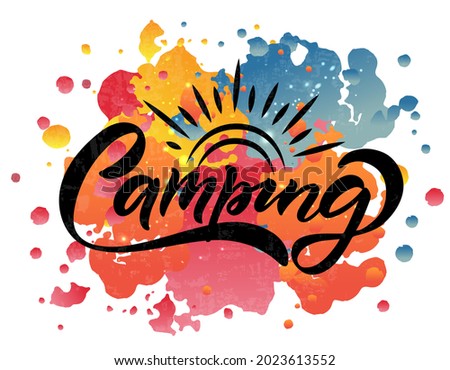 Hand sketched camping lettering typography. Concept for hiking camp, camping, night fishing camp, summer camp. Camping logotype, badge, icon. Camping logo, banner, flyer 