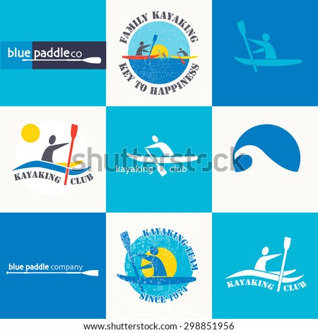 Set of different logotype templates for kayaking. Vector athletic labels and badges. Vector flat design style illustration of icons. Template for postcard, personal card or print.