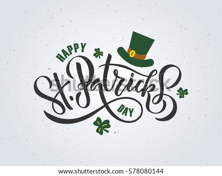 Vector illustration of Happy Saint Patrick's Day logotype. Hand sketched Irish celebration design. Beer festival lettering typography icon. Drawn typography St. Patricks badge, green hat and shamrock Stok fotoğraf © 