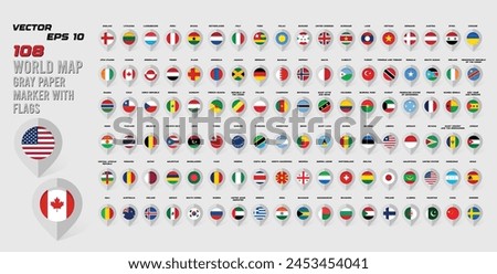 108 Map gray paper marker with flags. Big set, Map world with 108 flags. Vector illustration 10eps