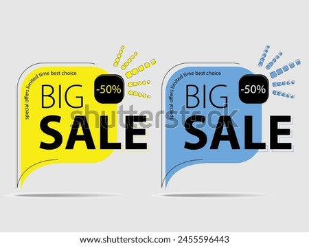 Design of square vector banner with rounded corners on the leg for mega big sales. Yellow, blue tag templates with special offers for purchase, strokes and elements.
