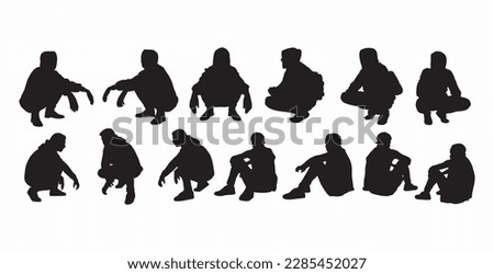 vector set of silhouettes of men squatting with multiple slides and styles