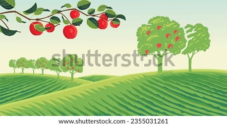 vector background of apple orchard with twigs, fruit and apple leaves in a beautiful landscape in summer