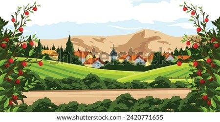 vector design for an apple plantation in a beautiful village with a natural natural atmosphere