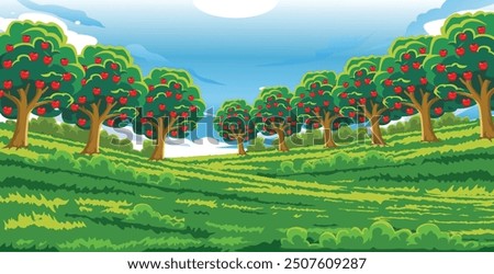 view of apple orchard growing on grass in clear sky