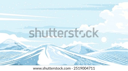 A serene winter landscape with snow-covered hills under a bright sky, filled with soft clouds and gentle snowfall.