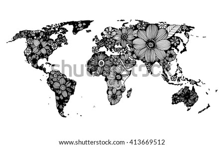 Floral world map, hand drawn, black and white doodle vector