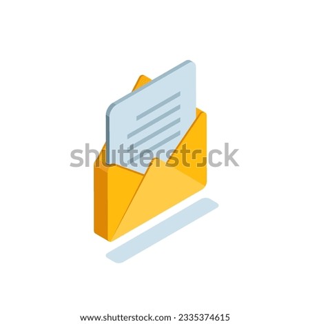 isometric open envelope icon in color on white background, read letter or text document