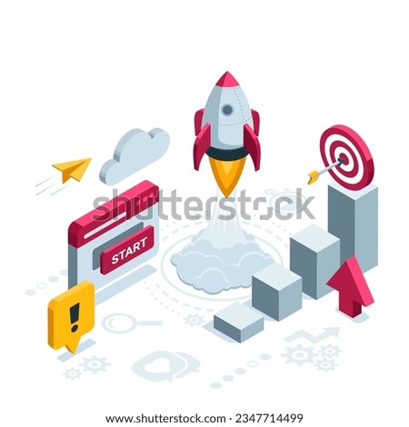 isometric rocket takes off from browser window with start button in color on white background, startup in business or seo promotion