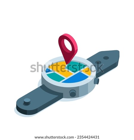 isometric smart watch with map and location icon in color on white background, geolocation or navigator