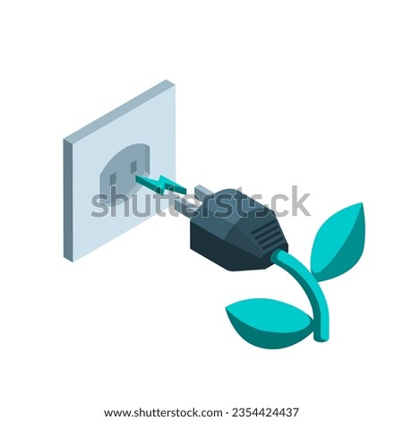 isometric socket and plug icon and a wire in the form of a plant with leaves in color on a white background, green energy or connection to clean energy