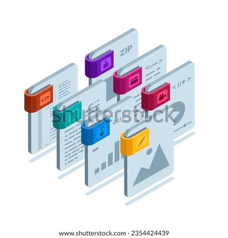 isometric set of icons of files of different formats in color on a white background, images and video, audio and text, code and archive