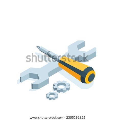isometric screwdriver and wrench in color on a white background, repair and maintenance service or systems adjustment