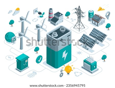 isometric concept on the topic of clean energy from the sun and wind in color on a white background, a battery with wind turbines and solar panels, green energy