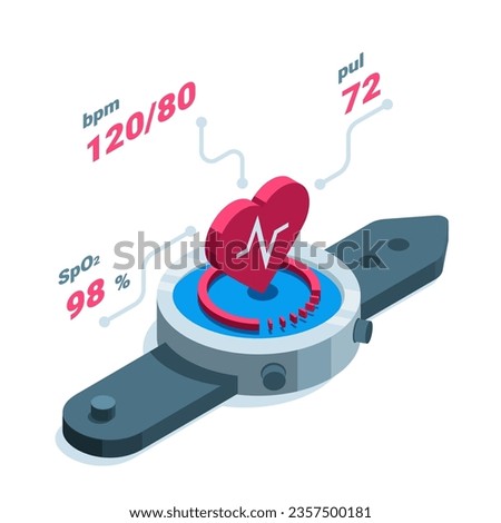 isometric smart watch with heart showing heart rate in color on white background, heart rate or health status in watch