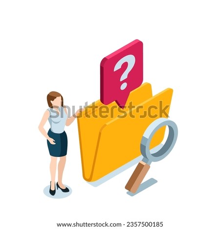 isometric business woman near open empty folder in color on white background, magnifier and question mark, file search or data problem