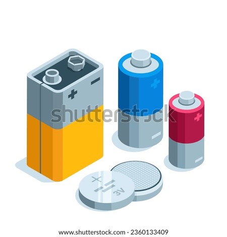 isometric set of batteries in color on a white background, power supplies for compact devices or different types of batteries