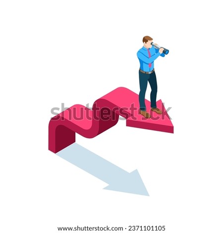 isometric business man looking through a spyglass while standing on an upward arrow, in color on a white background, business vision or leadership