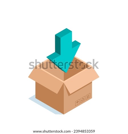 isometric cardboard box and down arrow, in color on white background, cargo loading or packaging