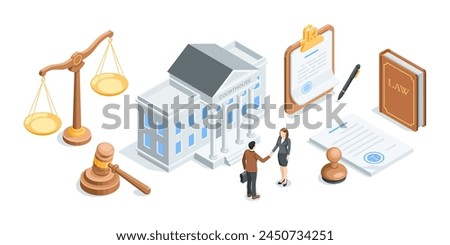 isometric vector set on the theme of court and law, in color on a white background, scales and a judge's gavel with book and documents as well as the courthouse and shaking hands people