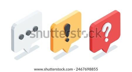 isometric text bubble icons, in color on white background, with exclamation icon and question, important message or alert info