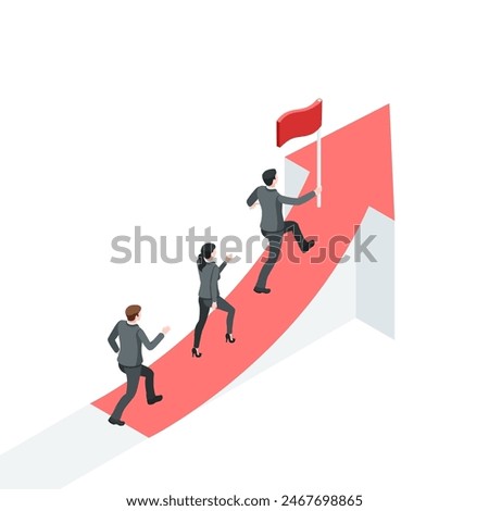 isometric vector business people running behind the leader with an up arrow, in color on a white background, the path to success or professional growth