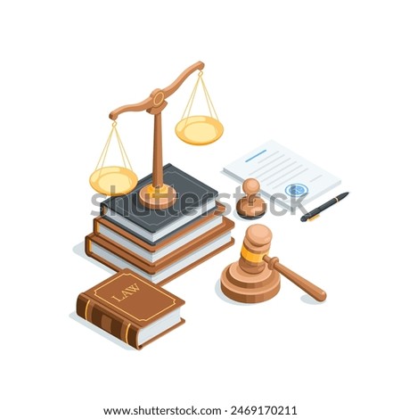 isometric vector design legal services and legal advice, in color on a white background, scales on books and a judge’s hammer