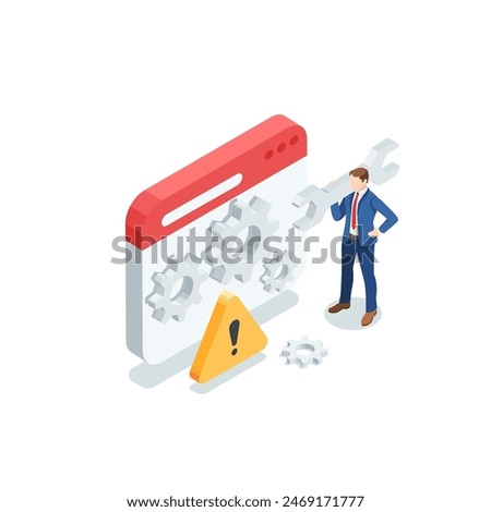 isometric vector business man with a wrench standing near a program window with gears and an exclamation mark, in color on a white background, system recovery or repair