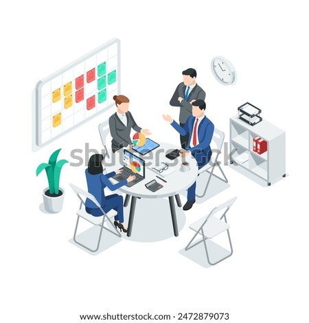 isometric vector business people at a round table in the office discussing business issues, in color on a white background, brainstorming teamwork