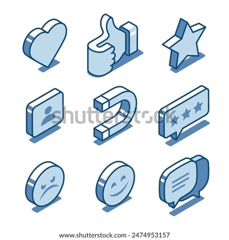 isometric vector set of linear icons of likes and emoticons and magnet, in color on a white background, attracting likes and social media management